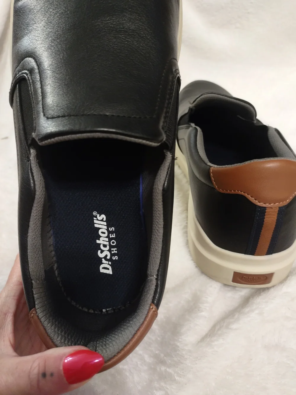 Dr. Scholl's Black Slip-On Loafers with Brown Heel Accent and Cream Sole